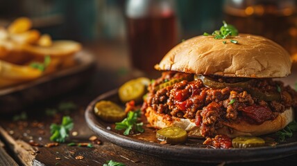 Sloppy joe sandwich with pickles on a plate
