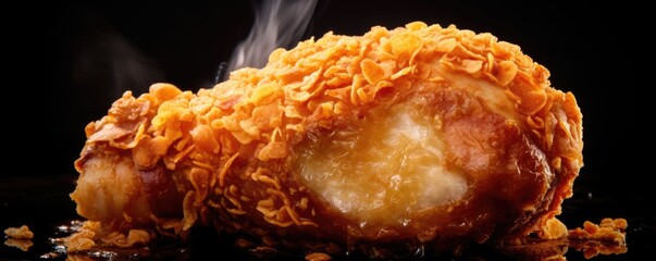 This shot captures a crosssection of a fried chicken leg, revealing the golden crust that encases the moist and flavorful that is ready to be enjoyed.