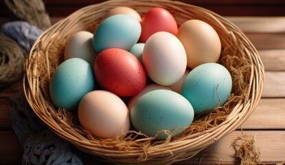 Basket with colorful Easter eggs on a wooden background.