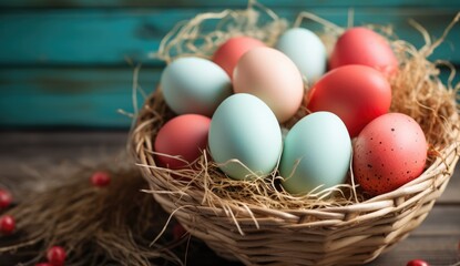 Easter eggs of various colors in a twig basket, hay in the background.