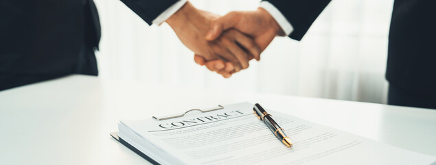 Two business executive shake hand in boardroom, sealing agreement merging two company. Handshake...