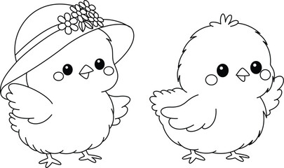 Kawaii little chicks coloring page. Easter colouring book