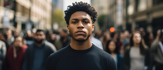 african american man with a deep look marching and protesting in the city - obrazy, fototapety, plakaty