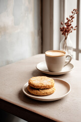 Cafe Latte with Cookies On White Plate, Wood Table with Flowers In Vase Next to Window Corner Composition. Natural Light and Shadow, Minimalist Photo. Minimal Interior. Food photography. Rustic Style.