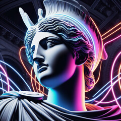 Athena marble statue, the ancient goddess of science and knowledge, Athens Greece. Athena the ancient Greek goddess. Statue of greek goddess.Neon colours. - obrazy, fototapety, plakaty