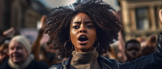 Demonstrating a powerful presence, an African American woman with a focused gaze marches and protests in the city, embodying a commitment to change. - obrazy, fototapety, plakaty
