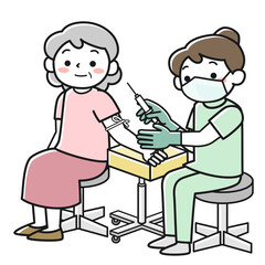 シニア女性と採血をする女性看護師