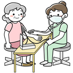 シニア女性の血圧を測定する女性看護師