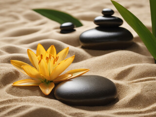 sand, lily and spa stones in zen garden - generated by ai