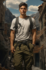 Fototapeta premium Photo Realistic of a Hiker in Cargo Pants and a Moisture-Wicking T-Shirt, Generative AI