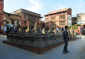 Buddhist stupas and bells around Swayambhunath temple.