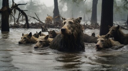 In a harrowing display of survival, a family of animals cling to trees in the midst of a devastating flood.