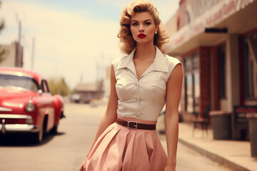Obraz premium Young glamorous woman posing on the street with a retro car in the background. Retro, 1950s. 