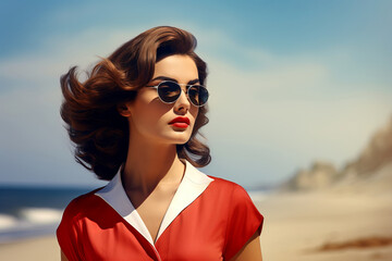 Portrait of a beautiful woman in sunglasses on the beach. Retro, 60s.  - obrazy, fototapety, plakaty
