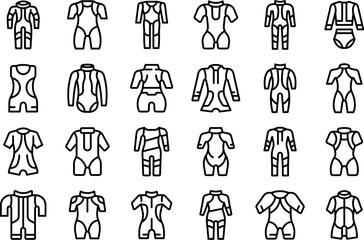 Wetsuit icons set outline vector. Swimwear water beach. Summer travel fashion