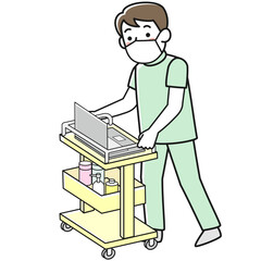 ナースワゴンを押す男性看護師