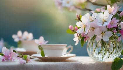 Obraz na płótnie Canvas cup of tea and flowers, vintage china, and soft pastel linen transports viewers to a garden oasis.a blank space for text, advertising banner, a spring-inspired table setting showcasing a profusion