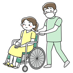 女性患者の乗った車いすを押す男性看護師