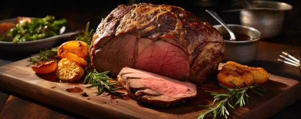 The generous marbling throughout this succulent leg of lamb promises a ery tenderness that captivates the senses, while its crispy, herbinfused crust adds a delightful crunch. - obrazy, fototapety, plakaty