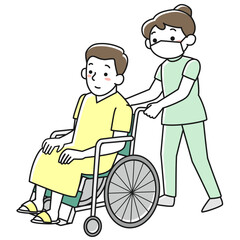 男性患者の乗った車いすを押す女性看護師