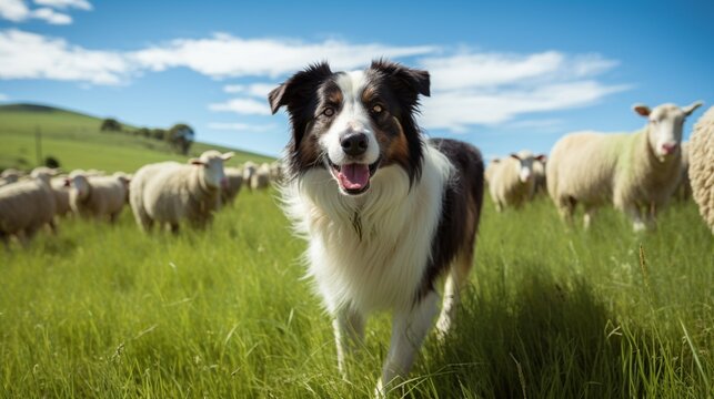 A Australian Shepherd herding sheep in a vast green pasture under a clear sky.