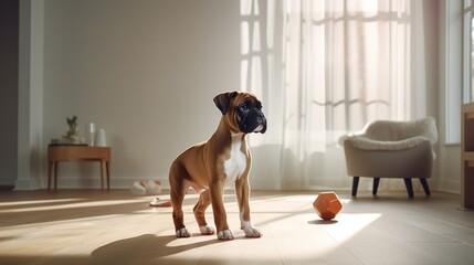 A Boxer puppy playing with a squeaky toy in a sunlit living room with minimalist decor. - obrazy, fototapety, plakaty