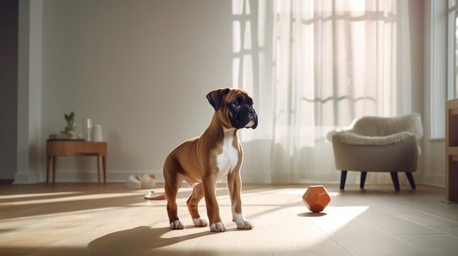 A Boxer puppy playing with a squeaky toy in a sunlit living room with minimalist decor.