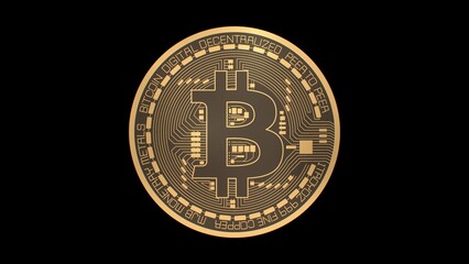 Bitcoin Cryptocurrency Shiny Gold Coin Rotates On Black Background - Abstract Background Texture