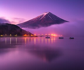 河口湖から富士山と大橋