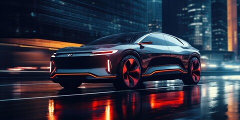 An electric SUV driving through a futuristic city at night created with Generative AI Technology - obrazy, fototapety, plakaty