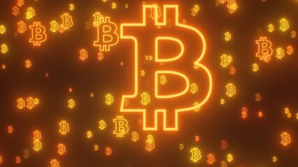 Fly Through Bright Golden Neon Glowing Bitcoin BTC Logo Symbol Shapes - Abstract Background Texture