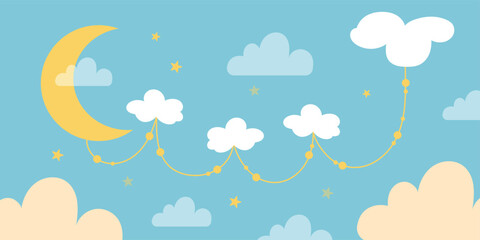 hand drawn cute wallpaper with clouds, stars and moon. Wallpaper for a little princess. vector Wallpaper.