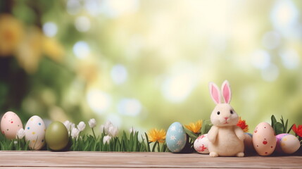 Toy easter rabbit on tabletop among eggs and flowers on spring nature background. Copy space