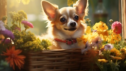 A Chihuahua peeking out from a flower-filled basket on a sunny windowsill.