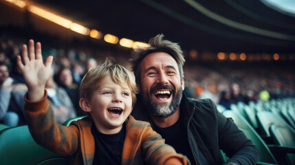 father and son cheer football team at grandstand..cheer for their favorite team at a sports match, football, competition, stadium, arena - obrazy, fototapety, plakaty