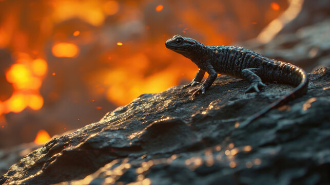 A lone salamander stands tall on a rock formation, its body seemingly immune to the intense heat and flames that surround it. Fantasy art