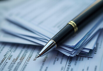 a pen lays on top of a pile of paper