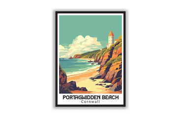 Porthgwidden Beach, Cornwall. Vintage Travel Posters. Vector art. Famous Tourist Destinations Posters Art Prints Wall Art and Print Set Abstract Travel for Hikers Campers Living Room Decor