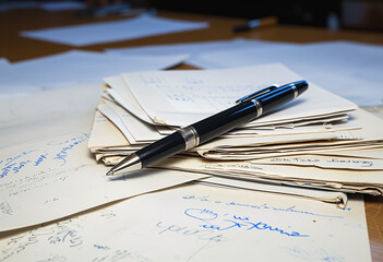 a pen lays on top of a pile of paper