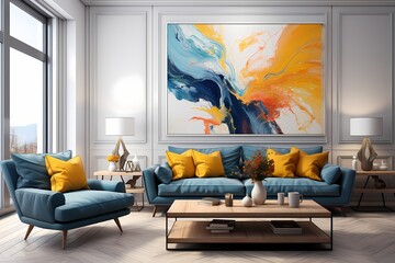 Radiant yellow and deep blue liquids clash with explosive vigor, resulting in a mesmerizing abstract display that evokes a sense of intense energy