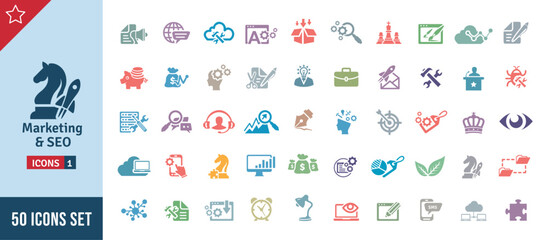 Fototapeta premium Marketing & SEO Icon Set. Search Engine Optimization, Advertising, Website, Business, Marketing, Traffic, Ranking, Optimization, Keyword & Many More. Color Vector Icons Collection