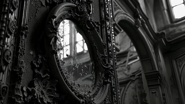 The once beautiful and ornate gothic mirror now appeared twisted and warped, its surface swirling with dark energy as it whispered forbidden secrets that could only be unleashed Fantasy animatio
