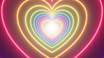 Moving Forward Inside Rainbow Heart Bright Neon Glow Endless Tunnel - Abstract Background Texture