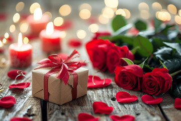 Romantic gift arrangement of present, roses and lit candles on a wooden surface