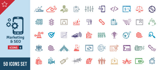 Marketing & SEO Icon Set. Search Engine Optimization, Advertising, Website, Business, Marketing, Traffic, Ranking, Optimization, Keyword & Many More. Color Vector Icons Collection