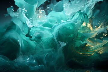 Silver and emerald liquids collide in a burst of energy, creating a breathtaking abstract display. HD camera captures the dynamic collision, freezing the intense moment in exquisite detail