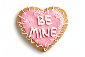 Valentine's Day cookie with a message in frosting that reads "Be Mine"