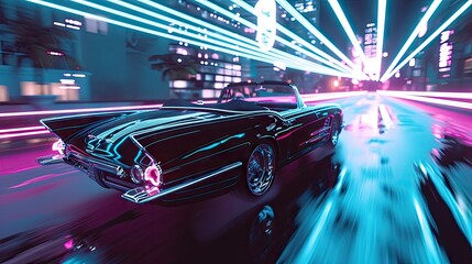 An electric classic convertible driving through a futuristic city at night created with Generative AI Technology - obrazy, fototapety, plakaty