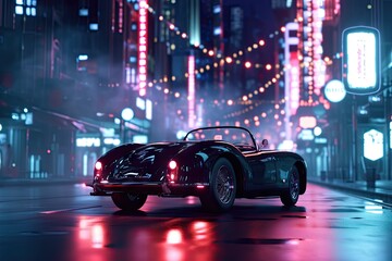 An electric classic convertible driving through a futuristic city at night created with Generative AI Technology - obrazy, fototapety, plakaty