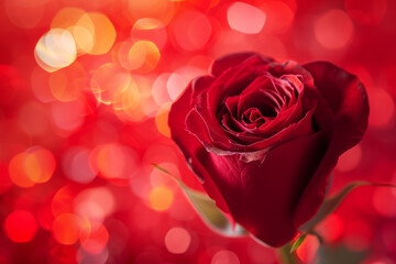 Valentine's Day single red rose on a red lit background